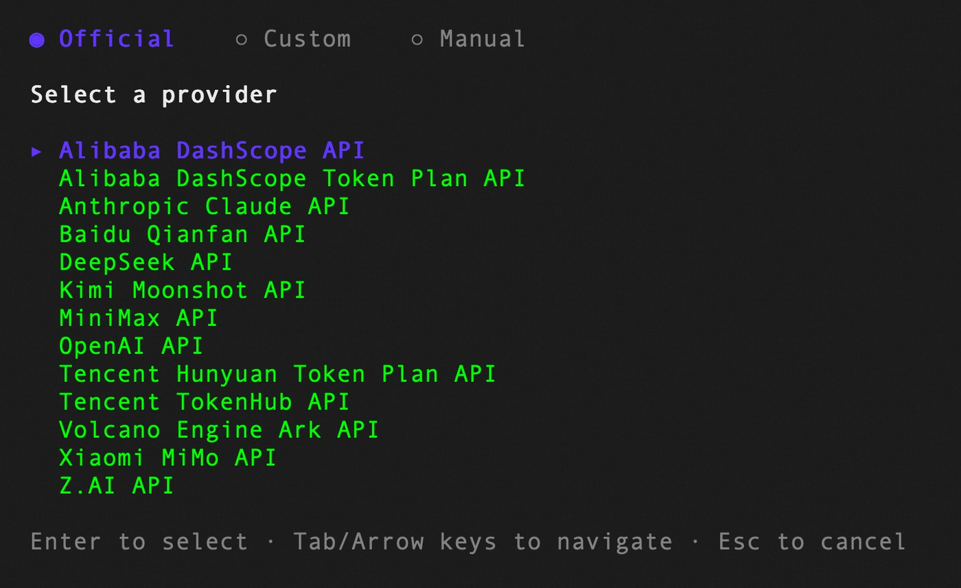 Màn hình cấu hình nhà cung cấp mô hình của Open Code Review, liệt kê 13 lựa chọn gồm Alibaba DashScope, Anthropic Claude, Baidu Qianfan, DeepSeek, Kimi Moonshot, MiniMax, OpenAI, Tencent, Volcano Engine, Xiaomi MiMo và Z.AI